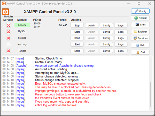 xampp control panel window خطای MySQL در زمپ